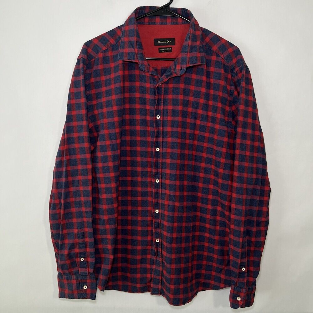 Massimo Dutti Button Up Flannel Shirt Mens Size XXL 2XL Red Blue Plaid Long Slv
